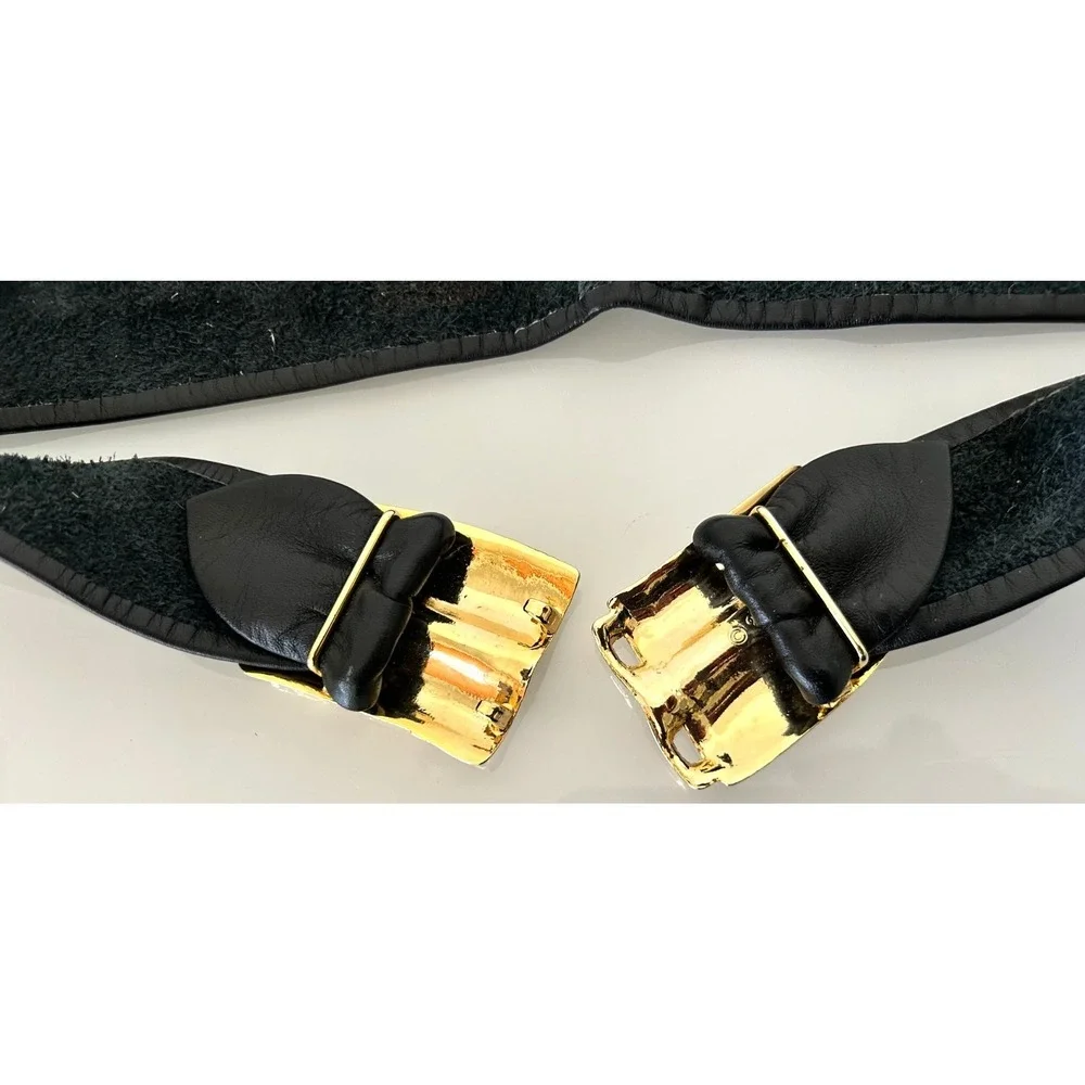 Vintage 90s REVCOR Modernist Textured Gold Clasp Black Leather Waist Belt Large